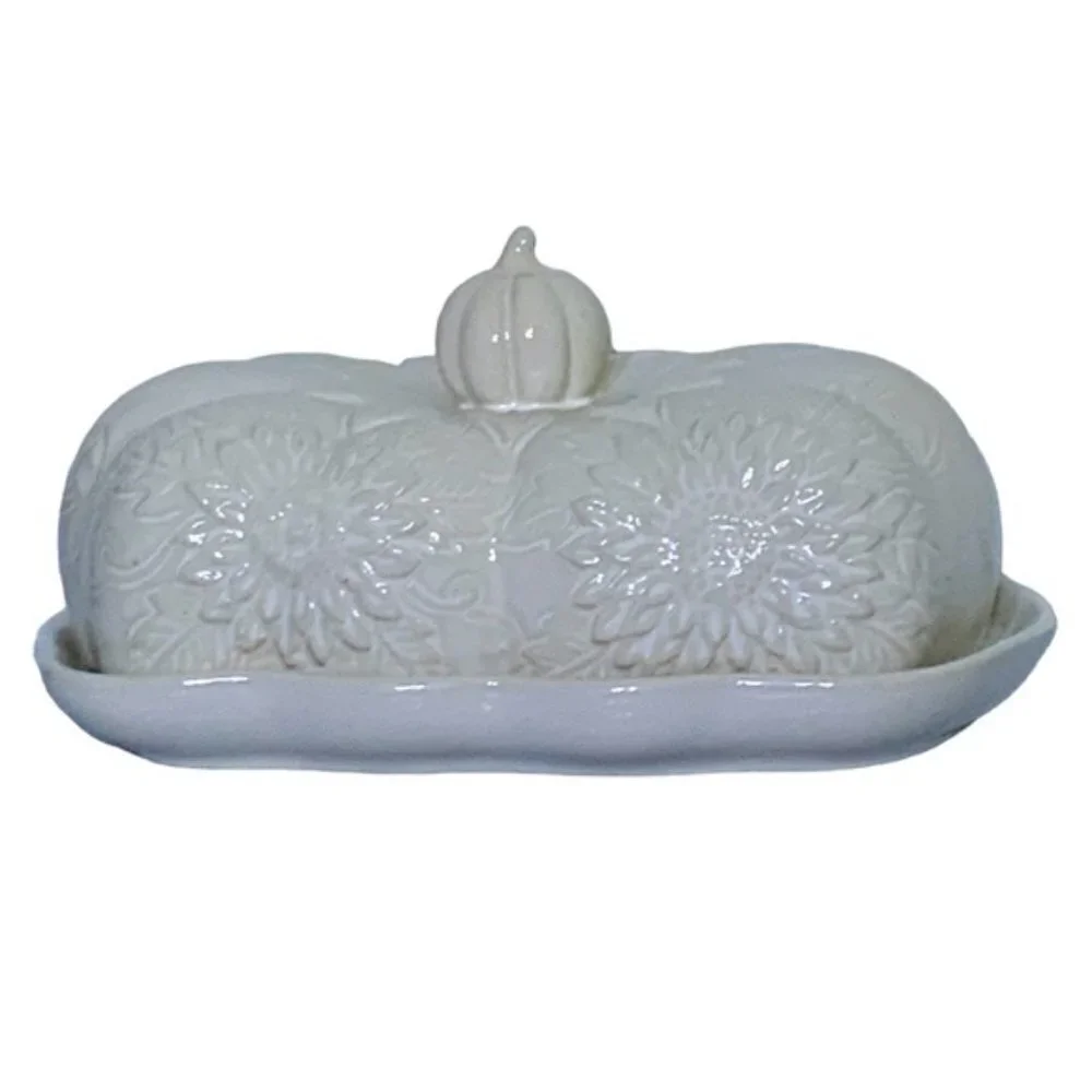 Harvest Pumpkin Covered Butter Dish With Lid Large Ceramic Floral White Cream